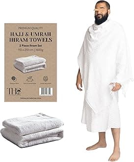 The Halal Caravan Men's Ihram for Hajj & Umrah - Sweat Absorbent, Comfortable, Fully Opaque, 2-Piece Ihram Set, Ehram Ahram 43 x 83 Inches, Ideal for Muslim Men, White