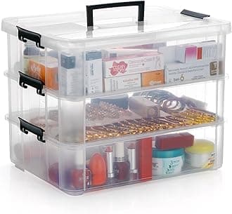 PALAK Plastic Storage Box - Transparent Rectangular Multi Utility Detachable,Portable & Stackable Space Saving Organiser With Lid For Medicine,Jewelry,Arts & Crafts,Buttons,Beads (3 Tier,Black)