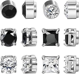 NEWITIN 6 Pairs Stainless Steel Magnetic Stud Earrings for Men Clip on Earrings Magnet Earring Unisex CZ Magnetic Stud Earring Set Diamond Studs for Women Men