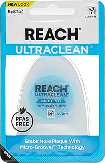 REACH Ultraclean Dental Floss, Mint, Plaque Remover for Teeth, Shred Resistant, Waxed, Easy on Gums & Teeth, Mint, Oral Care, PFAS Free, for Adults & Kids, 1 Pack, 30 yd