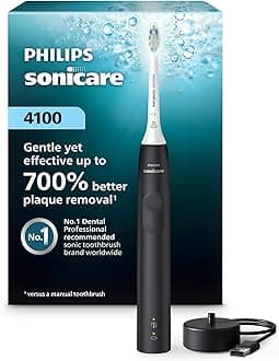 Philips Sonicare 4100 Rechargeable Electric Toothbrush, with Pressure Sensor, 2 Intensity Settings, SmarTimer and QuadPacer, 14-Day Battery Life, Black, Model HX3681/24