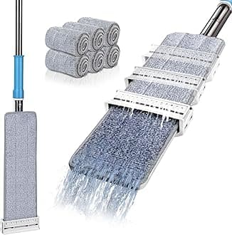 MASTERTOP Microfibre Floor Mop, Flat Floor Mop with Self Wringing, Hands Free Wet & Dry Mops for Cleaning Hardwood, Tile, Laminate, Marble - White + Blue, Send 6 Reusable Microfibre Pads