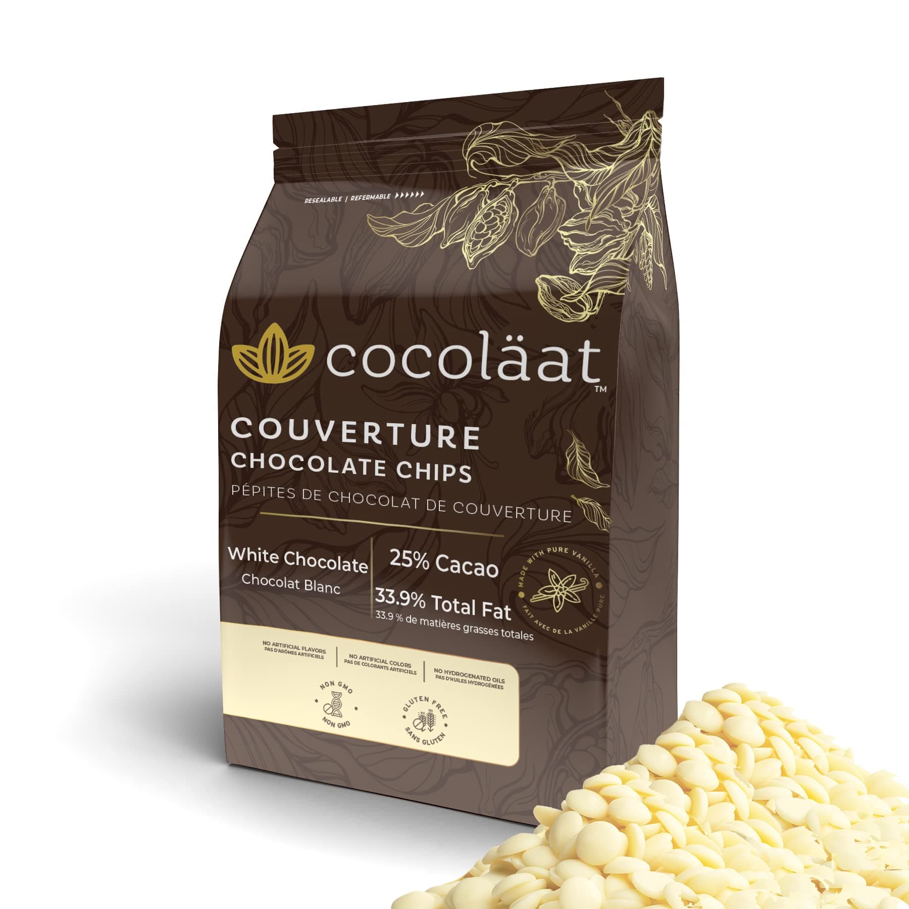 Cocolaat White Couverture Chocolate Chips | 25.9% Cocoa, Low Fluidity | Resealable Stand Up Pouch | 2 LB