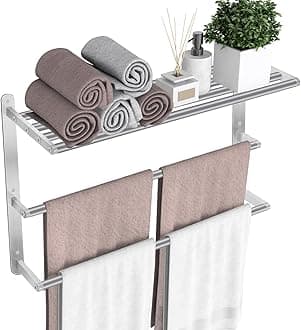 Towel Racks for Bathroom, 24 in Towel Shelf with Double Towel Bar, Stainless Steel Towel Storage for Lavatory Wall Mounted, 3-Tier Towel Hanger Towel Holder, Brushed Nickel
