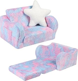 Toddler Couch, 2-in-1 Toddler Soft Couch Fold Out with Star Pillow, Convertible Sofa to Lounger for Girls and Boys, Pink Tie Dye, 1-Seat
