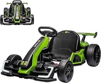 GarveeLife 24V Electric Go Kart for Kids, Powerful Drift Kart with 2 * 150W Motors, Adjustable Seat, 8 mph Speed,Led Lights, Outdoor Riding Toy for Children Ages 6-15, Green