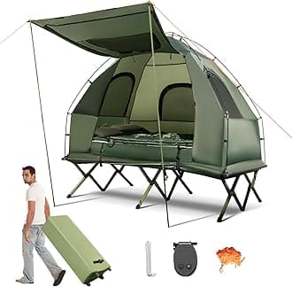 KOTEK 5-in-1 Tent Cot with Air Mattress, Sleeping Bag, Pillow, Canopy, Zippered Mesh Windows & Carry Bag, Elevated Tent for Camping, Hiking, Traveling, Picnic