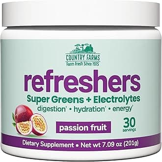 Country Farms Refreshers, Super Greens and Electrolytes, Essential Minerals and Superfoods, Hydration Support, Promotes Natural Energy, with Fiber, Passion Fruit, 30 Servings