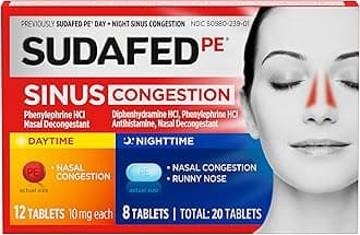 Sudafed PE Sinus Congestion Day + Night Maximum Strength Decongestant Tablets, 20 ct
