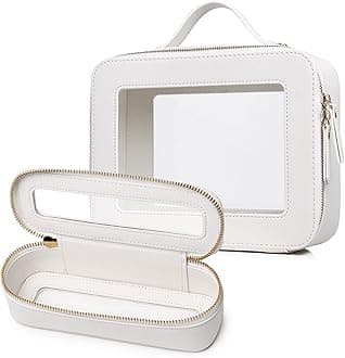 Travel Makeup Bag with Brush Case Portable Transparent Cosmetic Bag and Toiletry Bag Waterproof Makeup Organizer with Zipper Car Essential for Women (White, L+Slim)