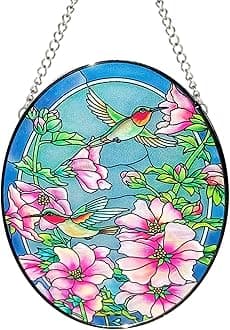 Stained Glass Window Hangings: Bee, Butterfly, Puppy Suncatchers, Wall Hangings Hand-Painted Panel Decoration (Flowers and Birds)