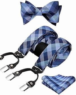HISDERN Plaid Check Dot Self Tied Bow Tie and Suspenders for Men Tuxedo Suspenders Mens Trouser Braces with Clips
