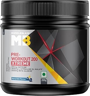 MuscleBlaze Pre Workout 200 Xtreme (Berry Bolt, 30 Servings, 200g) | 200mg Caffeine, 200mg Theanine, 2000mg Beta Alanine, 3000mg Citrulline