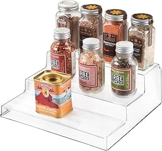 iDesign Spice Rack with 3 Compartments, Small Display Cabinet Organiser Made of Durable Plastic, Compact Kitchen Storage Organiser for Jars, Cans and Spices, Clear, 8.9D x 22.2W x 25.4H centimetres