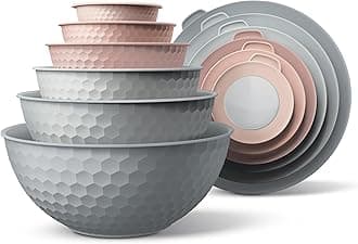 Mixing Bowls with Lids - 12 Piece Plastic Nesting Bowls Set includes 6 Prep Bowls and 6 Lids, Microwave Safe Mixing Bowl Set, Pink Embossed
