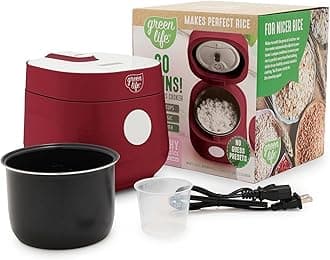 Digital Rice Cooker, 2-Cups Uncooked/4-Cups Cooked, Removable Nonstick Ceramic PFAS-Free Pot, One-Touch Presets, Oats, Quinoa, Brown Rice, Auto Keep Warm, Fuzzy Logic Tech, 1.5QT, Red