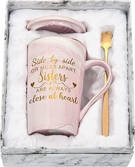 Sister Gifts Coffee Mug Set with Gift Box, Sister Birthday Gifts for Sister 14 Oz Pink Marble Mug Tea Cup-Side, Side or Miles Apart Sisters are Always Close at Heart , Ideal Friendship Gift