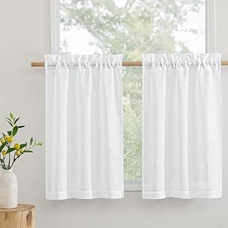 RYB HOME White Linen Textured Sheer Ties for Bathroom Bedroom, Machine Washable Kitchen Soften Sunlight Short Curtains Valances Country Rustic, W 42 x L 36 inches, White, 2 Panels
