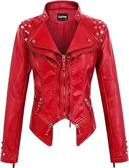chouyatou Women's Fashion Studded Perfectly Shaping Faux Leather Biker Jacket