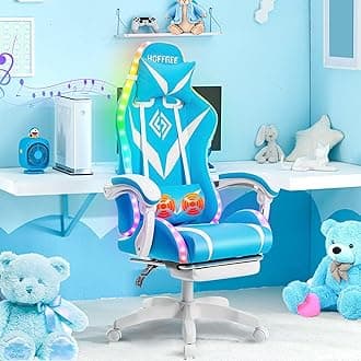 HOFFREE Gaming Chair Massage with Bluetooth Speakers and Led Lights Ergonomic Computer Gaming Chair with Footrest Cute Video Game Chair for Gaming Room Light Blue and White