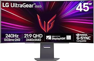 45GS95QE Ultragear OLED Curved Gaming Monitor 45-Inch WQHD 800R 240Hz 0.03ms DisplayHDR True Black 400 AMD FreeSync Premium Pro NVIDIA G-Sync HDMI 2.1 DisplayPort Tilt/Height/Swivel Stand - Black