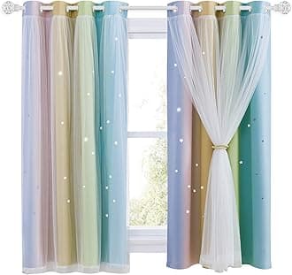 NICETOWN Rainbow Curtains for Kids - Star Cut Out Double Layer Blackout Curtains with Voile Thermal Privacy Protection for Nursery Bedroom Living Room, 2 Panels, W52xL63 Inch (132×160 cm),Rainbow