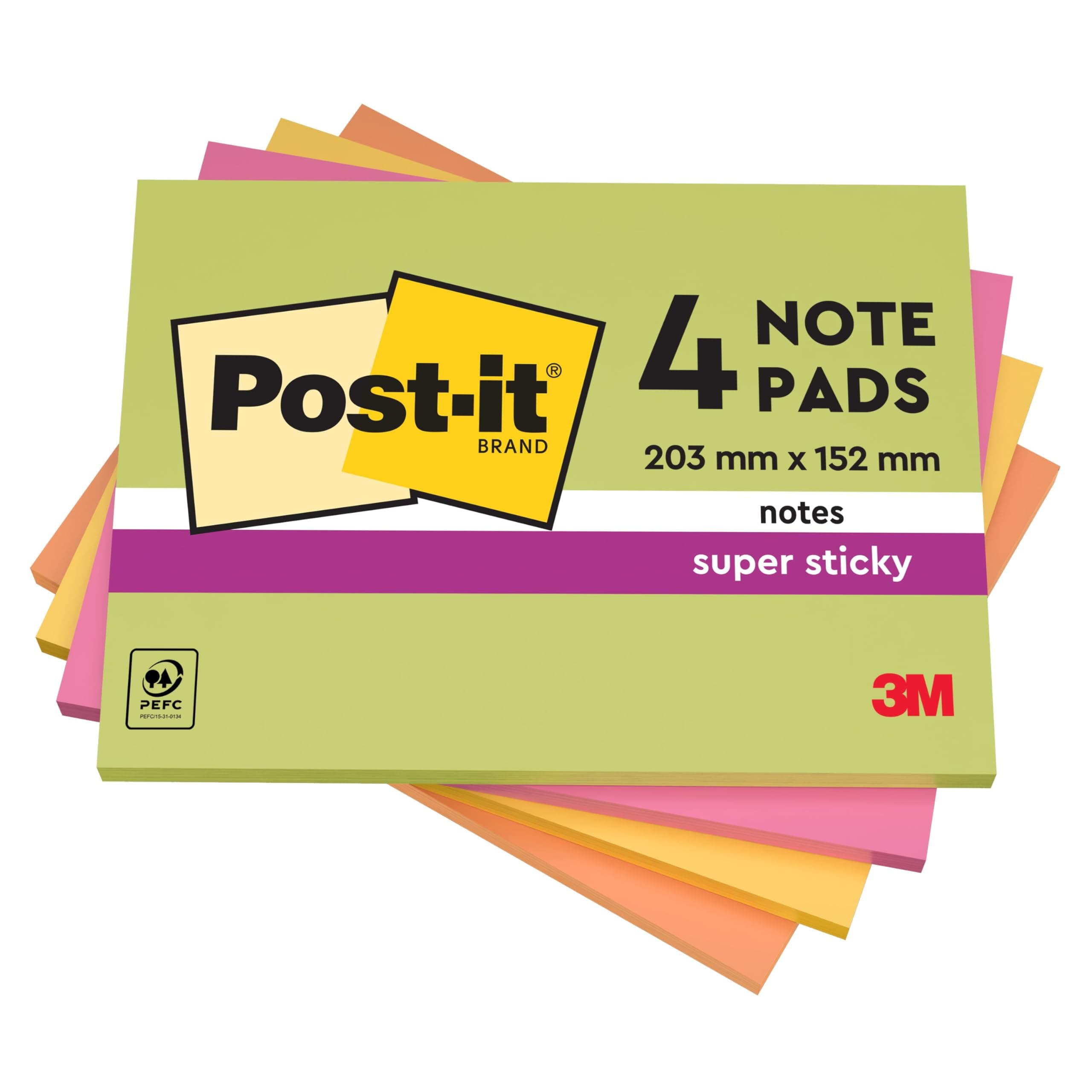 Post-it Super Sticky Large Notes, 180 Sheets, Pack of 4 Pads, 152 mm x 101 mm - Holds Strong to Many Surfaces - Bright Colours - For Walls, Monitors and Fridge, Recycable