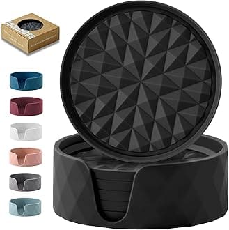 Silicone Coasters for Drinks[6 Pack]- Cup Mat with Holder for Tabletop Protection-Non-Slip, Non-Stick, Coffee Table Decor, Great Gift for Any Occasion, Black