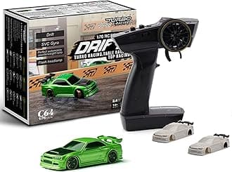 Turbo Racing 1:76 Scale Drift RC Car with Gyro Mini Full Proportional RTR 2.4GHZ Remote Control with 2 Replaceable Body Shell (C64 Green-Drift)