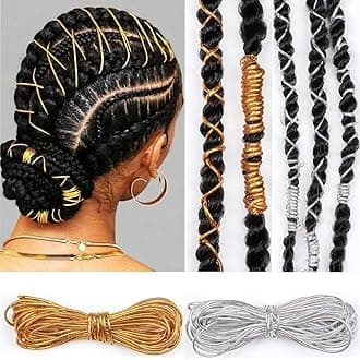 Gold SliverDreadlock Braids Hair Accessories, 2 Pieces 5M Braiding Hair Deco Styling Shimmer Stretchable African Braid Braided Elastic Cord Ornament Hanging Decorating Gift Wrapping