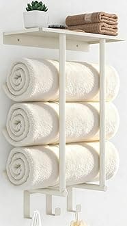 Towel Rack Wall Mounted, BETHOM Bathroom Towel Storage with Shelf and 3 Hooks for Small Bathroom, Bathroom Towel Holder Can Holds Up to 3 Large Size(160 x 100 cm) of Rolled Towels, White