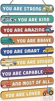 KAIRNE Inspirational Phrases Wall Plaque Colorful Construction Car Hanging Sign Boys Room Decor Motivational Quotes Wall Art Positive Phrases You Are Kind Hanging Plaque for Nursery Kids Bedroom Decor