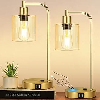 Set of 2 Industrial Touch Control Table Lamps with 2 USB Ports and AC Outlet - 3-Way Dimmable Gold Bedside Lamp Nightstand Desk Lamps for Bedroom Living Room, Amber Glass Shade & 2 LED Bulbs Included