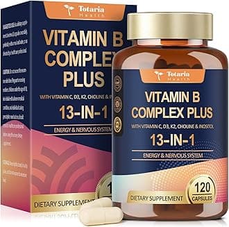 13-in-1 Vitamin B Complex Plus with Vitamin B1, B2, B3 (Niacinamide), B4, B5, B6, B7 (Biotin), B8 (Inositol), B9 (Folate), B12, C, D3, K2 - Energy, Nerve, Immune, Skin Support - 120 Vegan Capsules