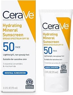 CeraVe 100% Mineral Sunscreen SPF 50, Face sunscreen With Zinc Oxide & Titanium Dioxide, Hyaluronic Acid + Niacinamide + Ceramides, Oil Free, Travel Size 2.5 oz