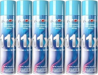 NEON Butane Refill, 11X Ultra-Refined Butane Fuel, 300ml Premium Lighter Fluid with Metal Nozzle & 5 Butane Gas Refill Adapters for Refillable Jet Flame Lighters, Torches, and Culinary Use (6)