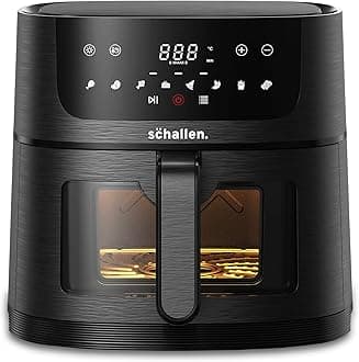 Schallen Digital Air Fryer Healthy Eating Low Fat Large Fast Cooking Machine with Touch Screen, Grill Rack, Adjustable Temperature & 60 Min Timer, Glass Window, Black (6L)