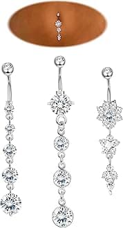 3-6Pcs 14G 316L Stainless Steel Belly Button Rings for Women Flower CZ Dangle Belly Button Rings Navel Piercing Jewelry