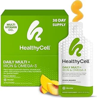 Healthycell Vegan Daily Multivitamin Liquid Supplement with Iron and Omega-3, 25+ Essential Vitamins, Minerals & Nutrients for Brain & Heart Health, Immune Support & Energy - 30 Gel Packs