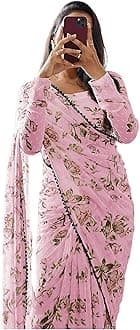 StyleScope Women's Georgette Digital Floral Print Ready To Wear Saree With Georgette Floral Print Unstitched Blouse Piece.(Light Pink,Green)