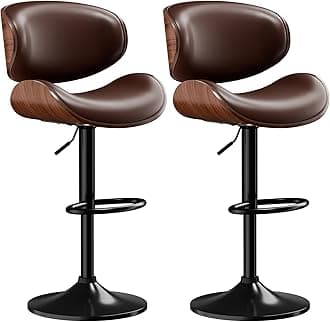 Adjustable Swivel Bar Stools Set of 2, Mid-Century Modern PU Leather Upholstered Counter Height Bar Stool, Kitchen Island Barstools with Back Brown