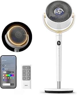 DREO Smart Fan for Bedroom, 120° +120° Omni-Directional Oscillating Fans, 100ft Quiet Pedestal Fan with RGB Light, 9 Speeds, 6 Modes, 20dB, 8H Timer, Wi-Fi/Voice/Alexa, 37-42" Floor Fans with Remote