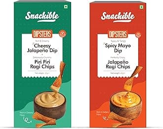 Snackible Dipsters Chips & Dip - Assorted | Pack of 2 Flavours | Cheesy Jalapeno Dip, Spicy Mayo Dip | No Palm Oil | No Refined Sugar | Made with Whole Grains | Rich & Creamy Dips with Chips | Mixed Flavours | Healthy Chips and Biscuit Sticks
