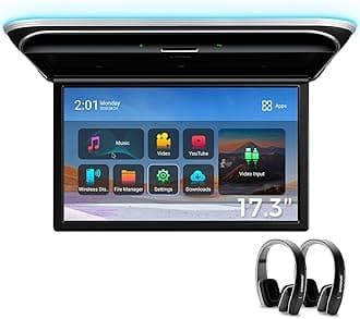XTRONS Android Car Overhead Player 17.3 Inch Wide IPS Screen 8K Video Car Roof Mount Monitor Built-in Stereo Speakers Flip Down Overhead Car Monitor Support HDMI, USB, 2 Black IR Headphones Included