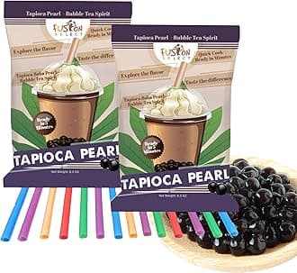 Tapioca Pearl - Brown Sugar Flavor Quick Cook Tapioca, DIY Boba for Boba Tea Ready in 5 Minutes, Boba pearls, Bubble Tea Pearl s, Milk Tea Toppings (2 Packs With Straws)