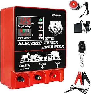 9J Electric Fence Charger Energizer, 9 Joules 20 Miles Plug-in Fencer, AC 110-240V/DC 12V, 12KV High Output Voltage, with Display Alarm and Remote, Deter Predators, Contain Cattle Horses and Livestock