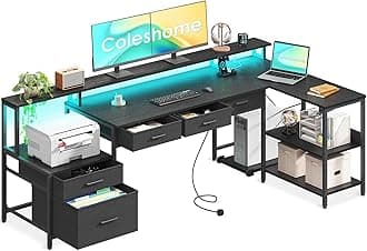 Coleshome 195x100 cm Corner Desk with Drawers, Reversible L Shaped Desk with LED lights & Power Outlet, Home Office Desks with Monitor Shelf, Large Computer Table with Storage Shelf, Black