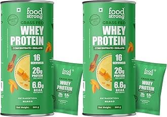 Foodstrong Whey Protein Powder (Concentrate + Isolate), 100% Hormone Free Grass-Fed Whey, 24G Protein & 6.6G BCAA, Mango, With Turmeric & Digestive Enzymes, 16 Sachets, 560G (Pack Of 2)