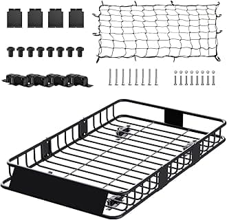 FORWODE 250LBS Universal Roof Rack Basket, 64"x39"x6" Rooftop Cargo Carrier Rack, Rust-Proof Roof Cargo Basket with Cargo Net