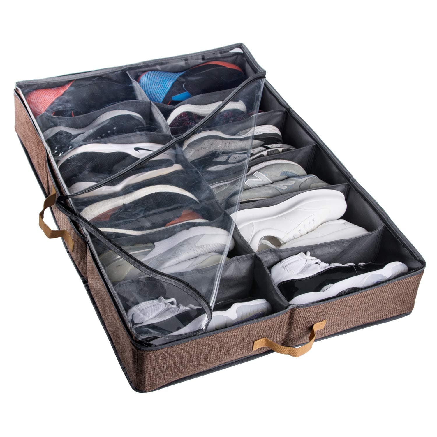 ACMETOP Extra-Large Under Bed Shoe Storage Organizer, Sturdy Built-in Structure & Durable Linen, Underbed Storage Solution Fits Men's Size 13 Sneaker and Women's 6'' High-Heels (Brown)